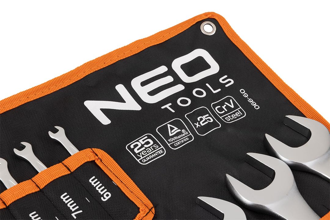 NEO TOOLS 25-częściowy zestaw kluczy płasko-oczkowych 6-32 mm ze stali CrV – zestaw kluczy płasko-oczkowych w praktycznej torbie rolowanej, profesjonalny zestaw narzędzi do warsztatu i garażu, matowy