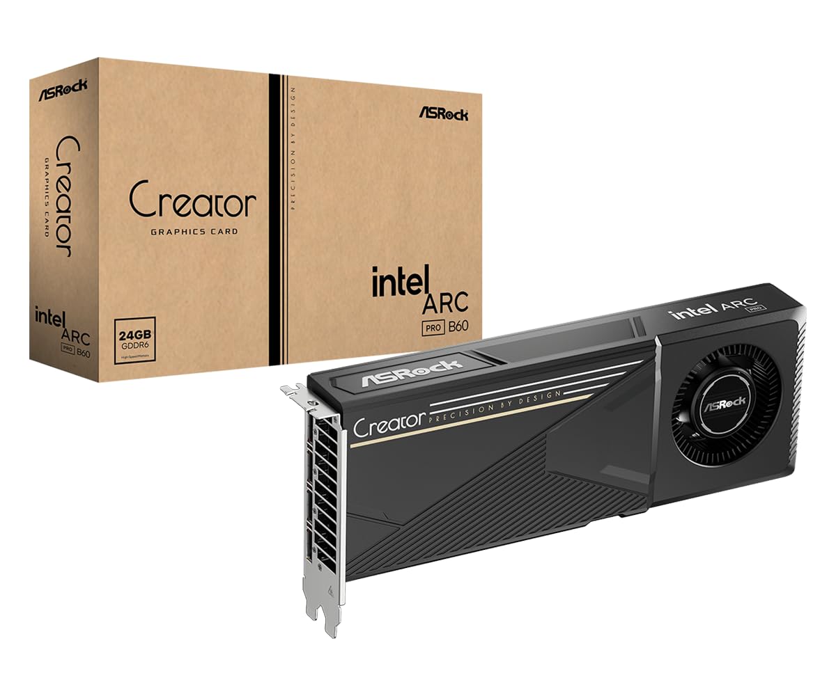 ASRock Intel ARC Pro B60 Creator - Tarjeta gráfica de 24 GB, Arquitectura Intel Xe2-HPG, 24 GB GDDR6, PCIe 5.0, 4 Puertos DisplayPort 2.1, diseño de Ventilador, refrigeración silenciosa de 0 dB