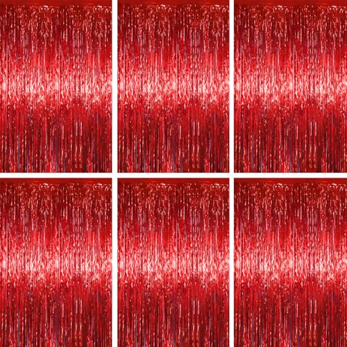 Voircoloria Red Foil Fringe Backdrop Curtains, 3.3x6.6ft, 6pcs