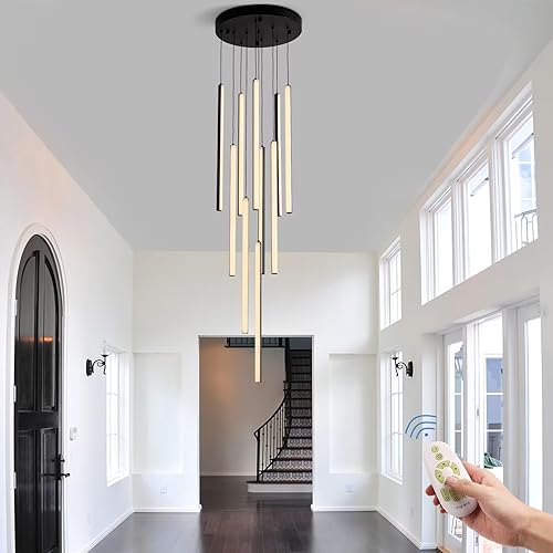 HuisMier Candelabro LED moderno, 10 luces negras regulables lineales con control remoto, lámpara de techo alto, altura ajustable para escalera, sala