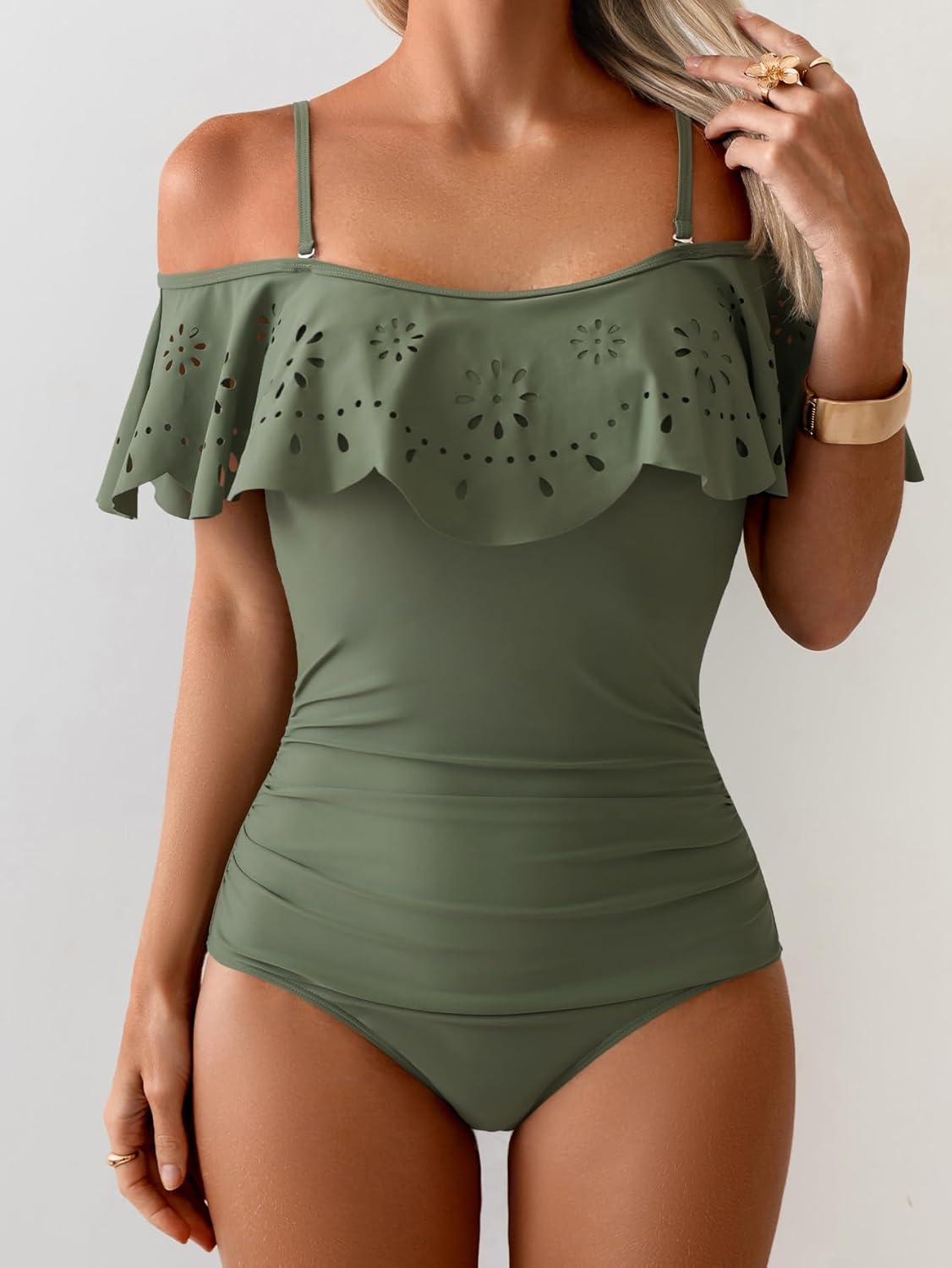 Women's One Piece Swimsuit Tummy Control Ruffle Bathing Suit Cutout Spaghetti Straps Swimwear - Image 3