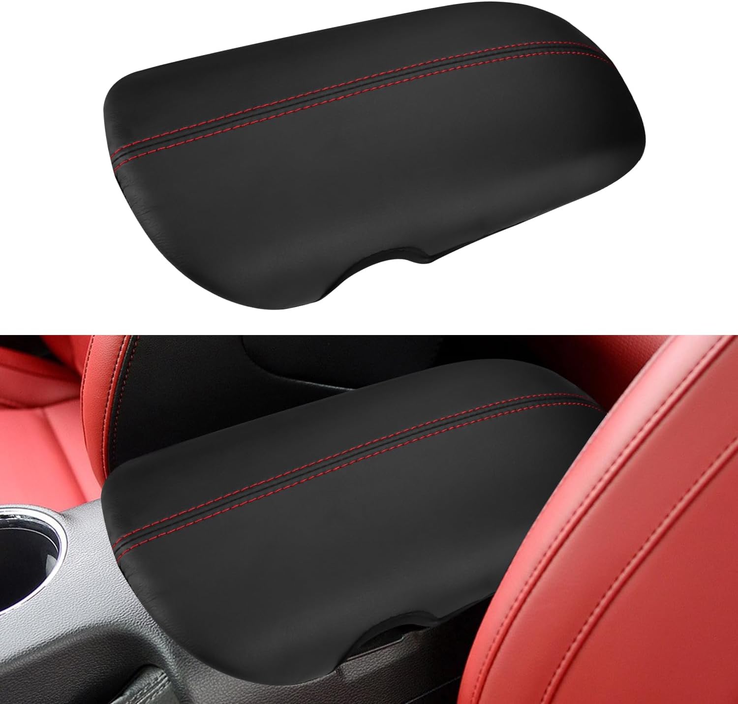 INTGET Car Center Console Cover for Ford Mustang Accessories 2015-2024 2016 2017 2018 2019 2020 2021 2022 2023 Leather Armrest Arm Rest Box Lid Middle Seat Cover (Red Stitches, 2015-2024)