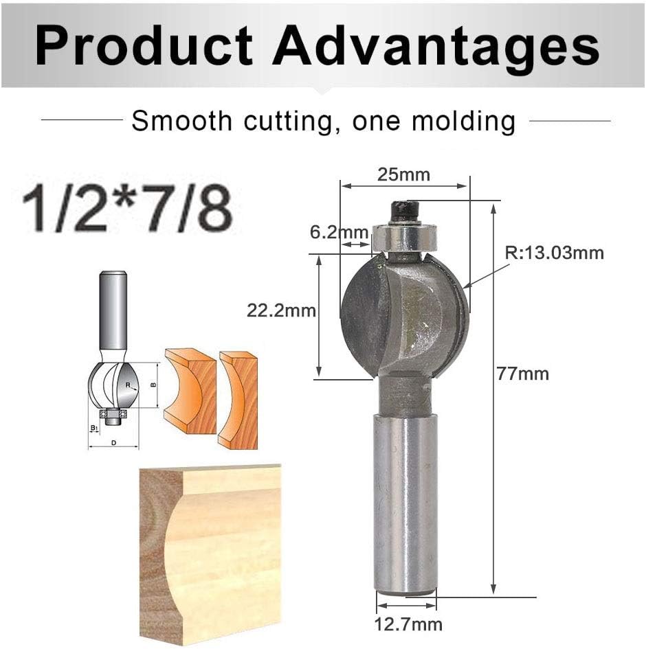 Milling cutter，Rabbet Router Bit, Beading Column Milling Cutter，Rabbet Router Bit, 1/2 Inch Shank Concave Milling Cutter, Carbide Tipped Molding & Edging Top End Bearing Woodworking Tools, Cutting Dep