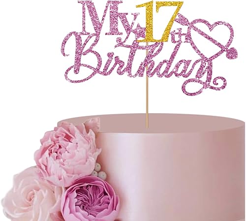 Miniatura 1 de Pink My 17th Birthday - Decoración para tartas de 17 años, decoración de fiesta de 17 años, purpurina dorada para decoración de fiesta de cumpleaños