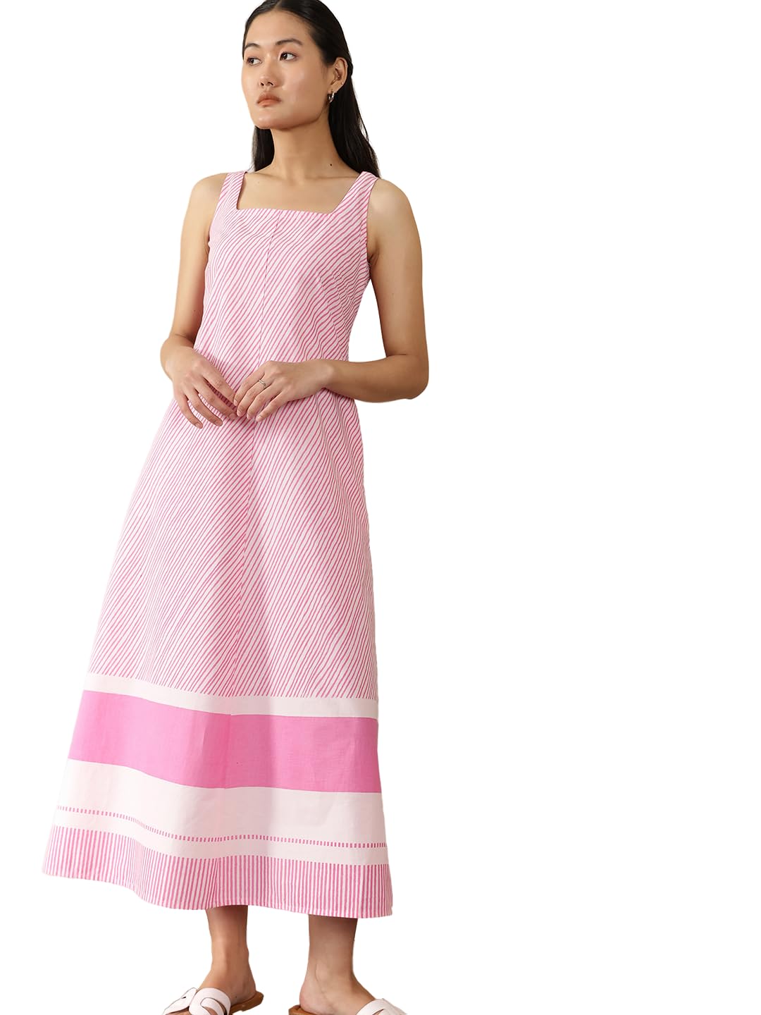 pink fort Women Casual Dress | A-Line Fit Square Neck Sleeveless Striped Pattern | Breathable Cotton Fabric with Pockets for Summer & Daytime Outings-picture-40