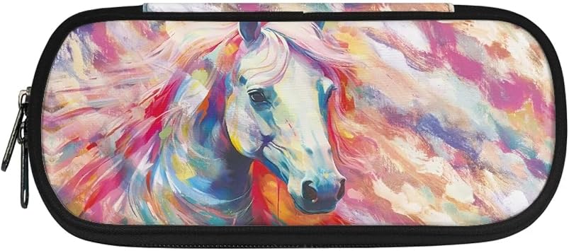 Renewold Art Pink Horse Print Pencil Case Pencil Pouch Bag with Pocket and Pen Slots Large Pencil Box Stationery Pen Holder Desk Supplies Organizer Gift for Adult Boys Girls Kids