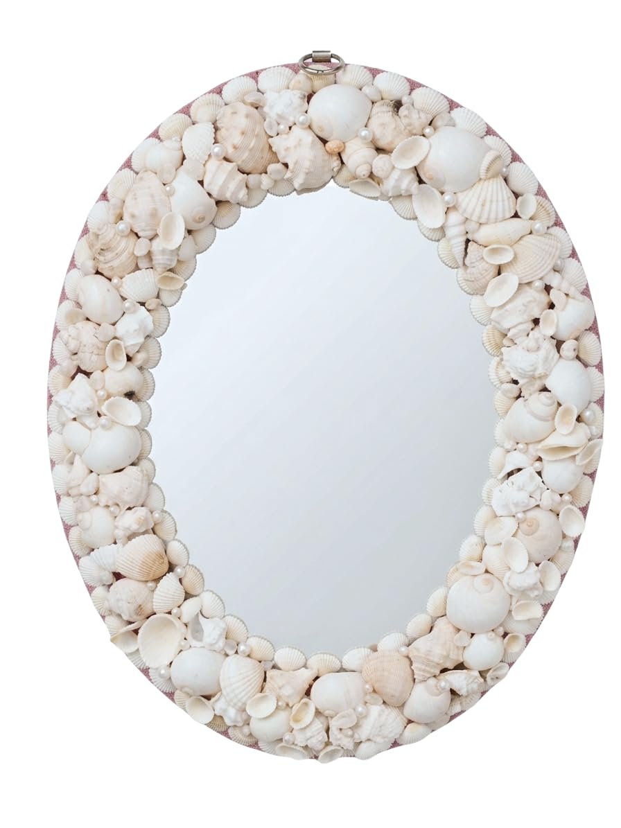 Shell Mirror-Sea Shell wall Hanging Mirror for Home-Unique Mirror for Home Decor,Bathroom,Dining Hall,Living-Handcraft -Boho Theamed-Shell Wall Decor-14inch Premium White Mirrors-Oval Shaped-image-39