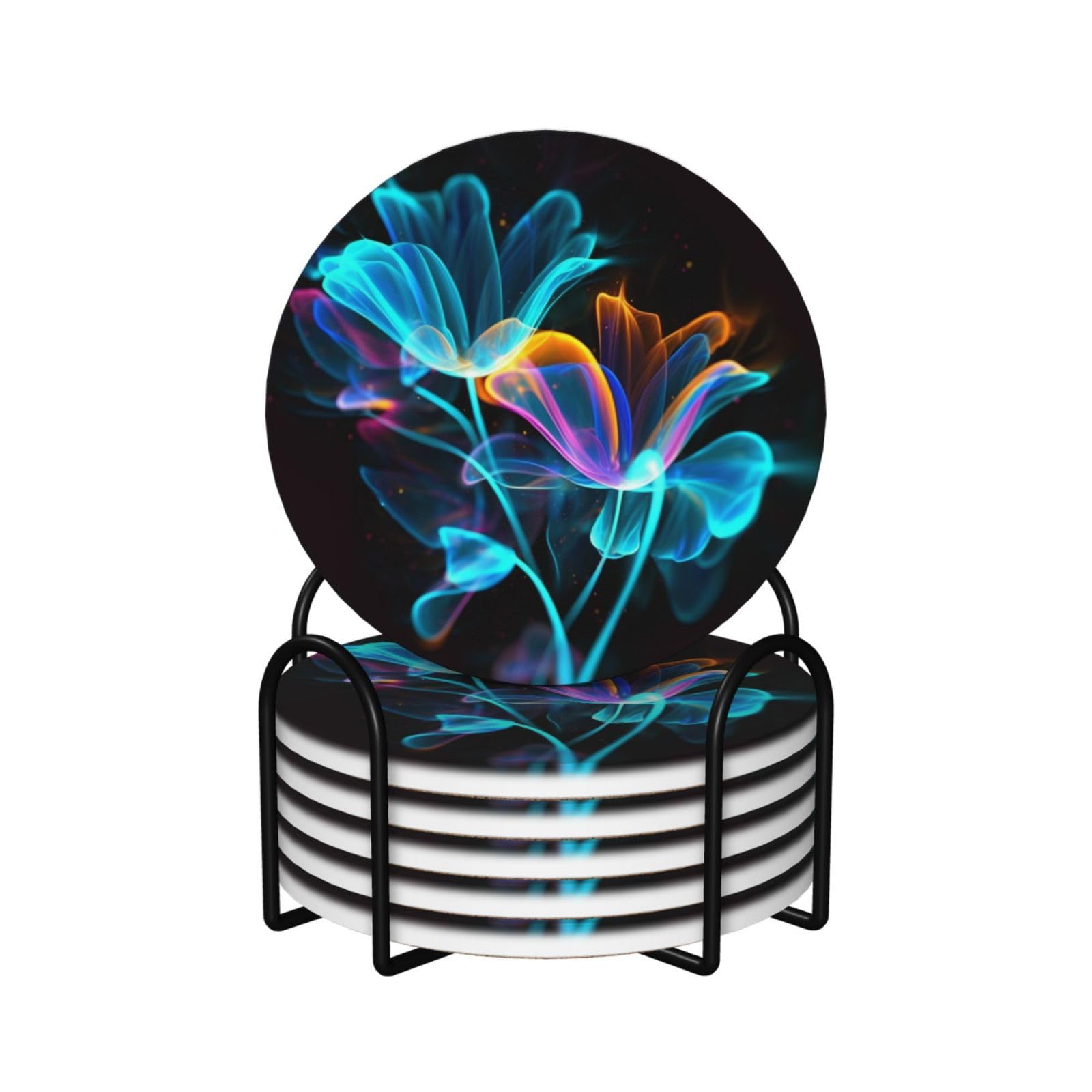 Dessous de verre en céramique lot de 6 avec support métal et liège fleurs