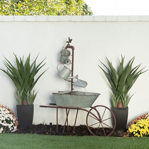 Alpine Corporation Ncy402 Alpine 36" Tall Rustic Wheelbarrow And Watering Can Yard Decoration Fountain, Metal #TOP1