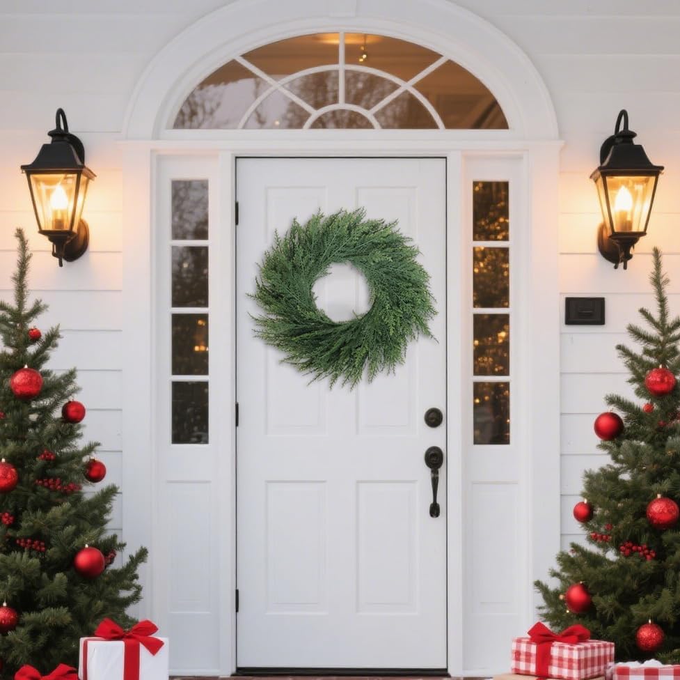 24 Inch Christmas Wreaths for Front Door Real Touch Cedar Wreath Artificial Green Wreath for Indoor Outdoor Home Window Decoration - Image 6