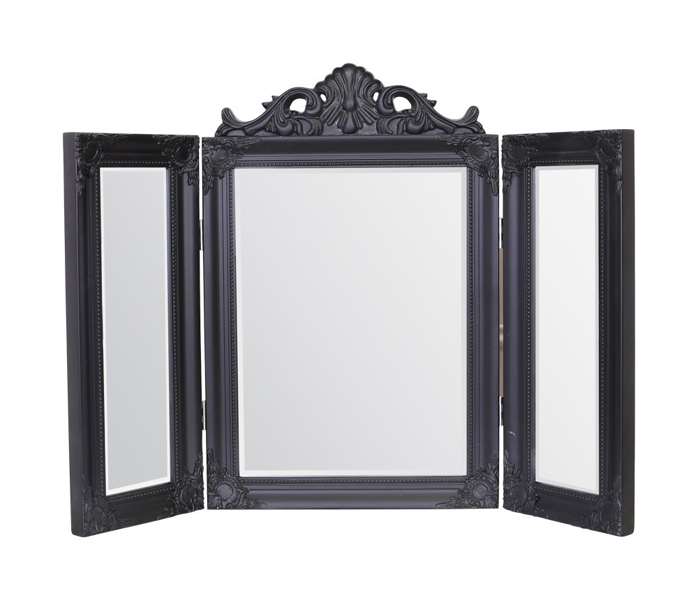 Espejos selectos Espejo de tocador Plegable Triple Ella - Adornado, Estilo Shabby Chic, Negro Mate, 74 cm x 54 cm