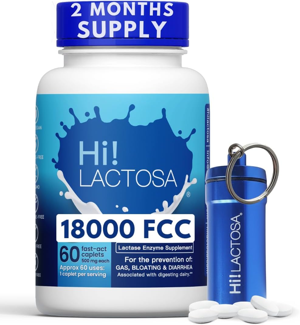 18,000FCC Pill with 60 caplets. Extra Strength Lactose Intolerance Enzyme Dairy Pill, Extra Thin, Portable, Easy Swallow. Works with Popcorn, Yogurt, Cheese, Seeds, Milk, Beans & More.
