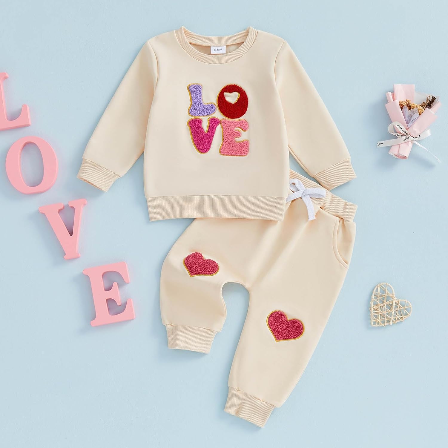 Toddler Baby Girl Valentines Day Outfit Love Heart Embroidered Long Sleeve Sweatshirt and Pant Sets 2 Pcs Clothes - Image 5