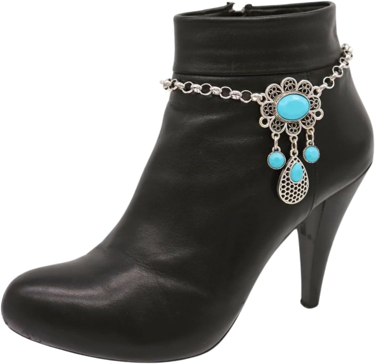 Women Silver Metal Boot Chain Bracelet Shoe Anklet Turquoise Blue Flower Charm Ethnic Fashion Jewelry z031