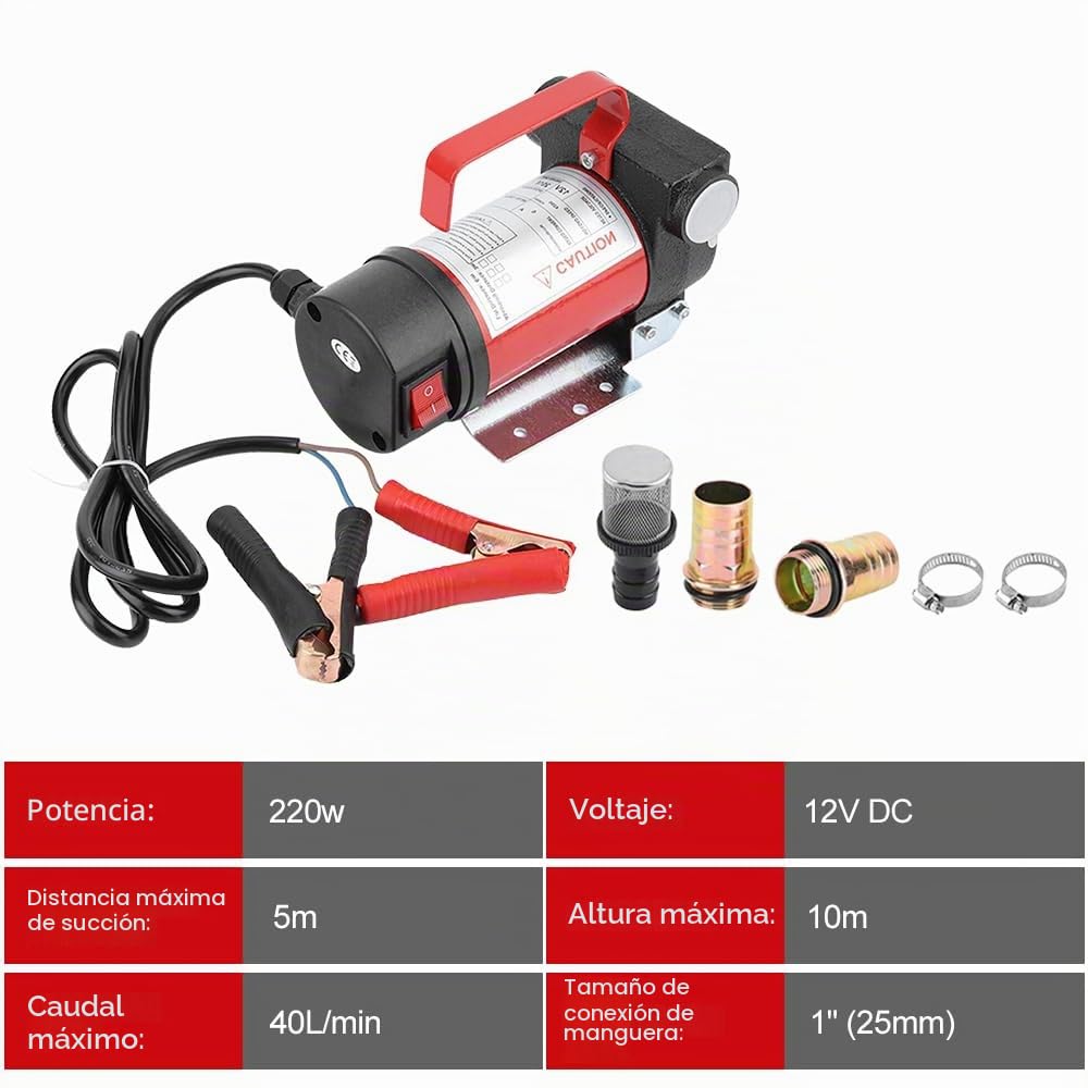 Bomba Diésel 12V 200W, Bomba Aceite 40L/min, Eléctrica de CC con Filtro de Aceite de Micromalla, Drenaje de Aceite Diésel de Transferencia de Motor de Cobre a Succión