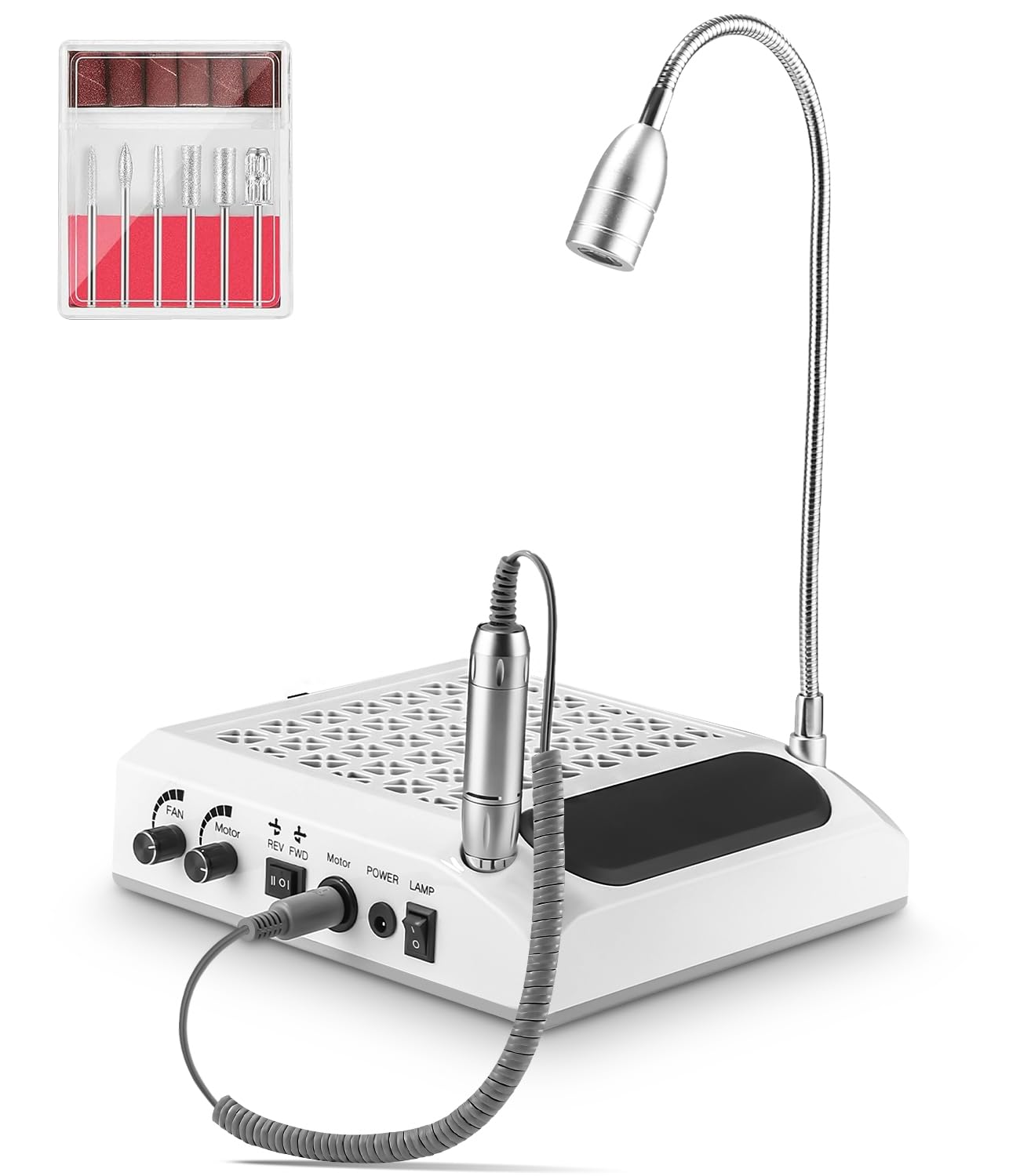 4 In 1 Ponceuse pour Ongles Professionnel, Aspirateur Poussiere Ongle, Repose Main Ongle avec Réglable à 360° Lumière Led, 30000 Rpm Lime a Ongle Electrique, Machine a Ongle pour Salon/Maison