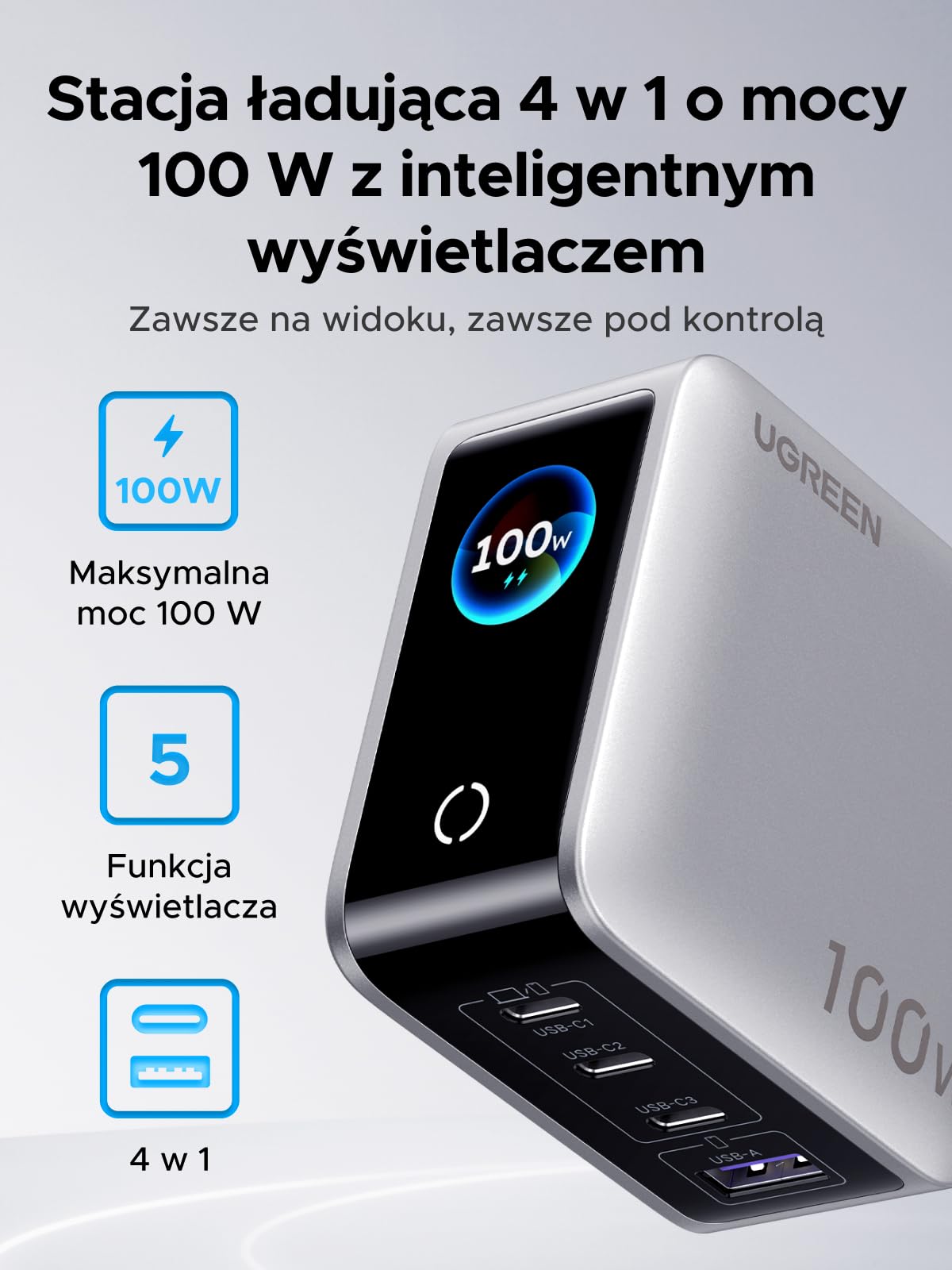 UGREEN Nexode Pro Ładowarka 100W USB-C 4 w 1, inteligentny wyświetlacz | Wyświetla stan ładowania w czasie rzeczywistym, ładowarka do laptopa, kompatybilna z MacBook Pro/Air, iPhone, Galaxy S26,iPad