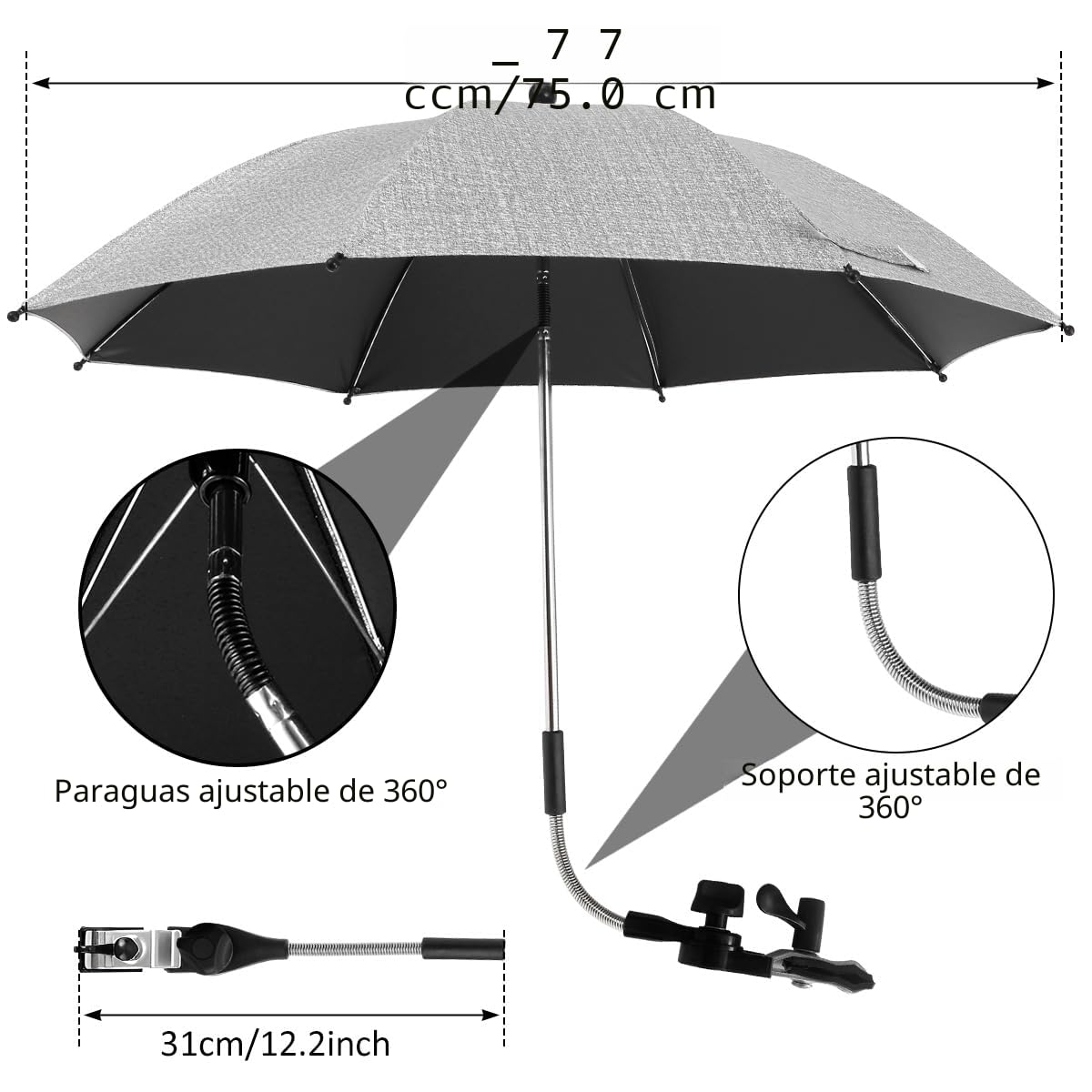 Sombrilla para cochecito de bebé con protección UV de 360° para cochecito, sombrilla universal con abrazadera ajustable y brazo flexible para cochecito, cochecito y cochecito