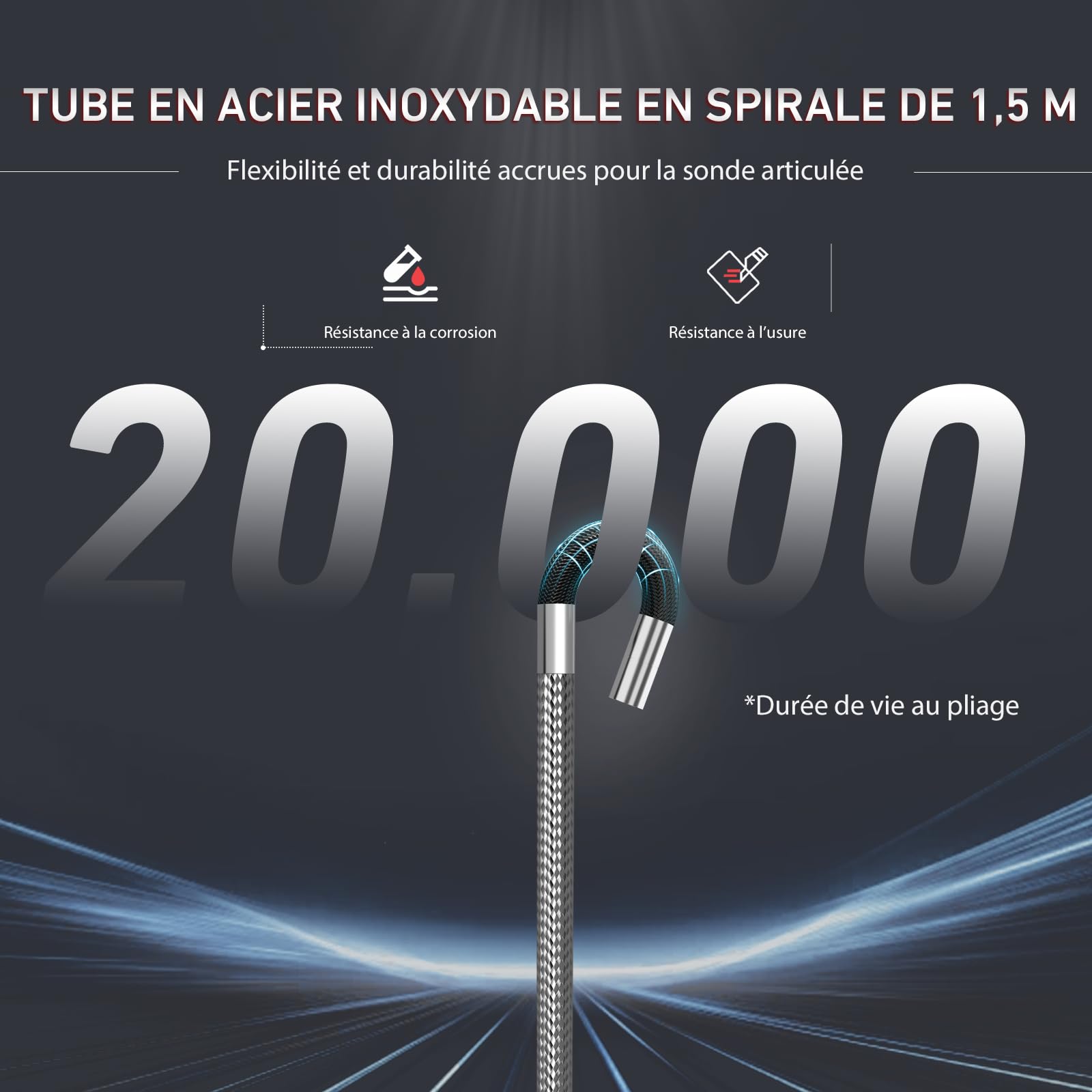 Ralcam Caméra Endoscopique avec Lumière, Tête Rotative à 210°, Sonde 3.9 mm, Écran HD 5", IP67 Étanche, Câble Serpentin en Acier INOX 1,5 m, Caméra d’Inspection pour Voiture, Tuyaux et Maison