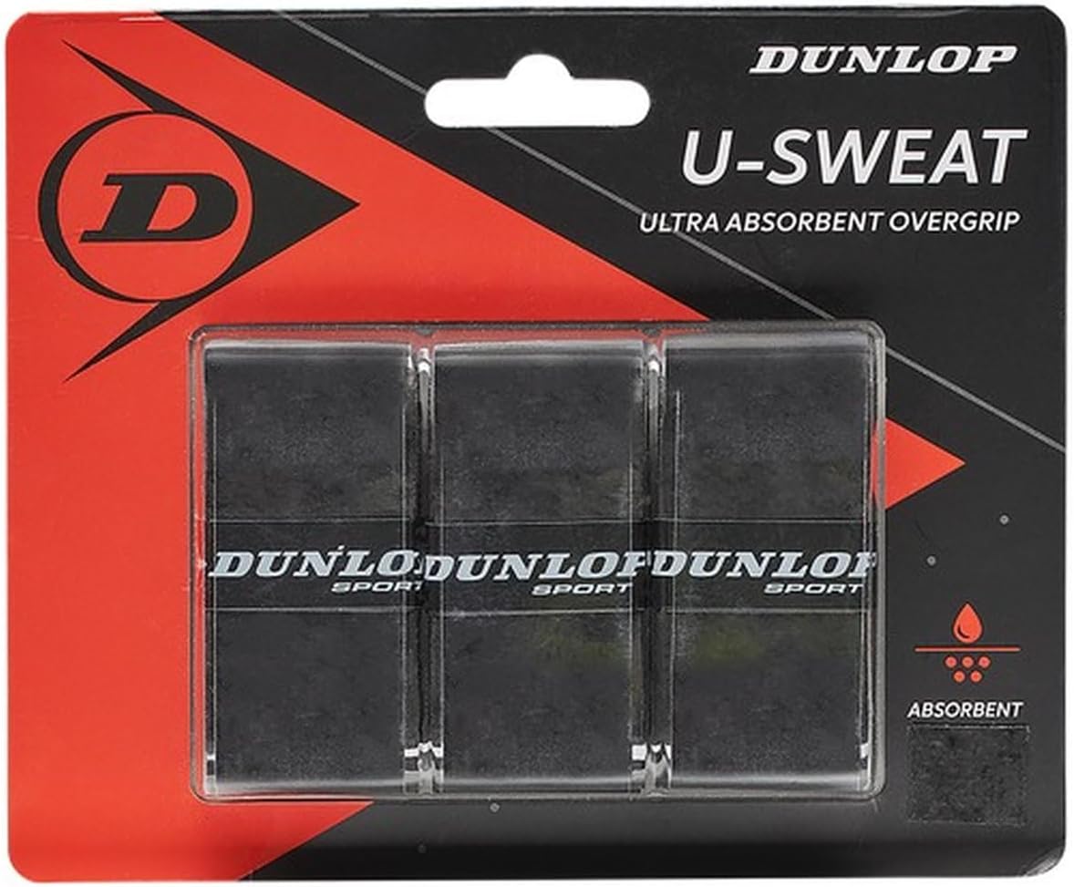 Dunlop U-Sweat Tennis Overgrip (negro) - Paquete de 3 en paquetes múltiples (1-6 paquetes disponibles)
