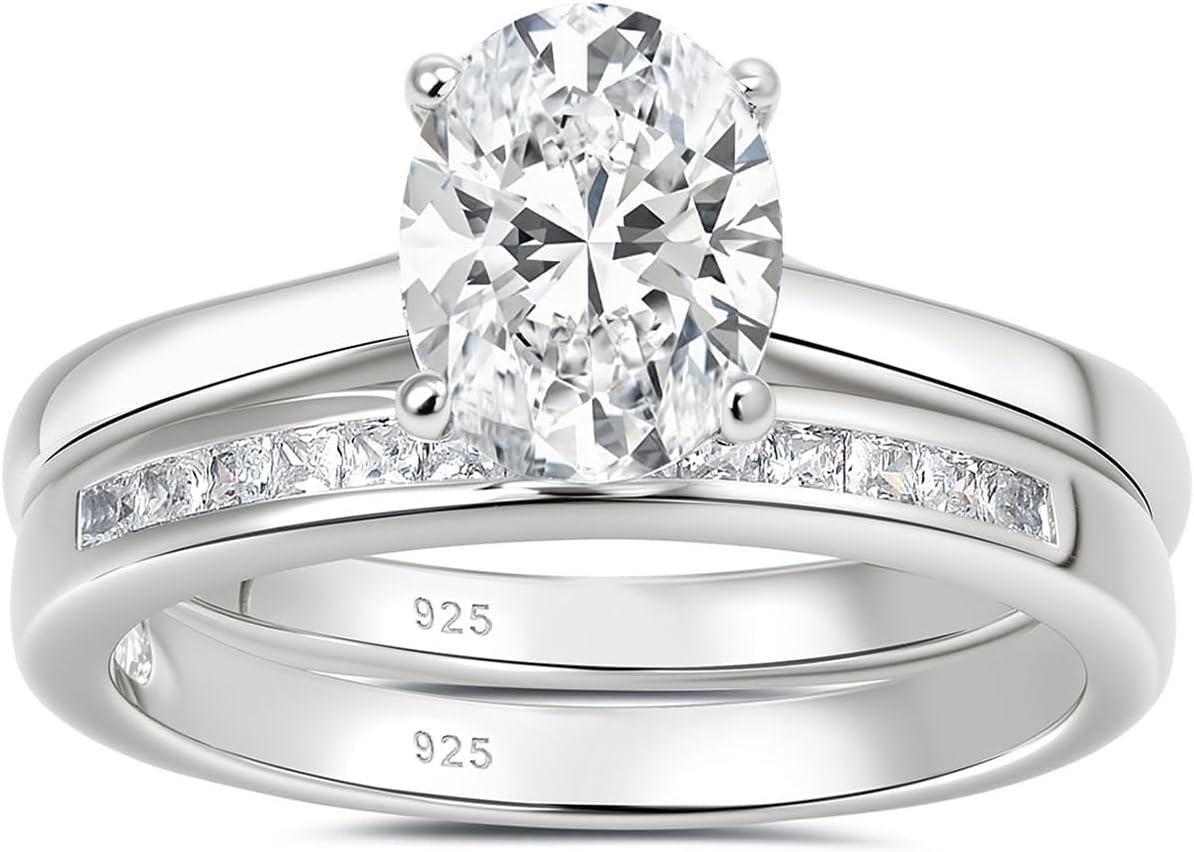 Solitaire Oval Wedding Rings Bridal Set for Women 925 Sterling Silver Engagement Sets Band Promise Stackable Cubic Zirconia Size 5-10