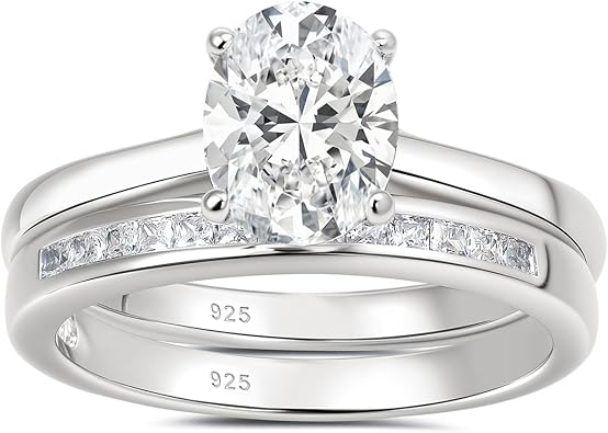 Solitaire Oval Wedding Rings Bridal Set for Women 925 Sterling Silver Engagement Sets Band Promise Stackable Cubic Zirconia Size 5-10