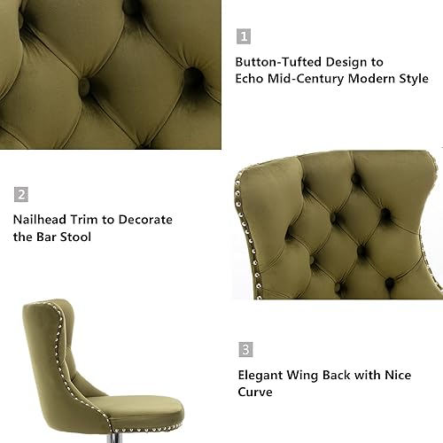 Miniatura 42 de Aoowow Juego de 2 taburetes de bar giratorios ajustables con respaldo de terciopelo copetudo, sillas de bar modernas tapizadas con cabeza de clavo
