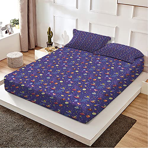 Alien Theme California King Bedding Fitted Sheet,Space Characters Galaxy Pattern,Decorative Printed 3 Piece Bedding Decor Set,Deep Pocket All Around Elastic(Multicolor) #TOP2