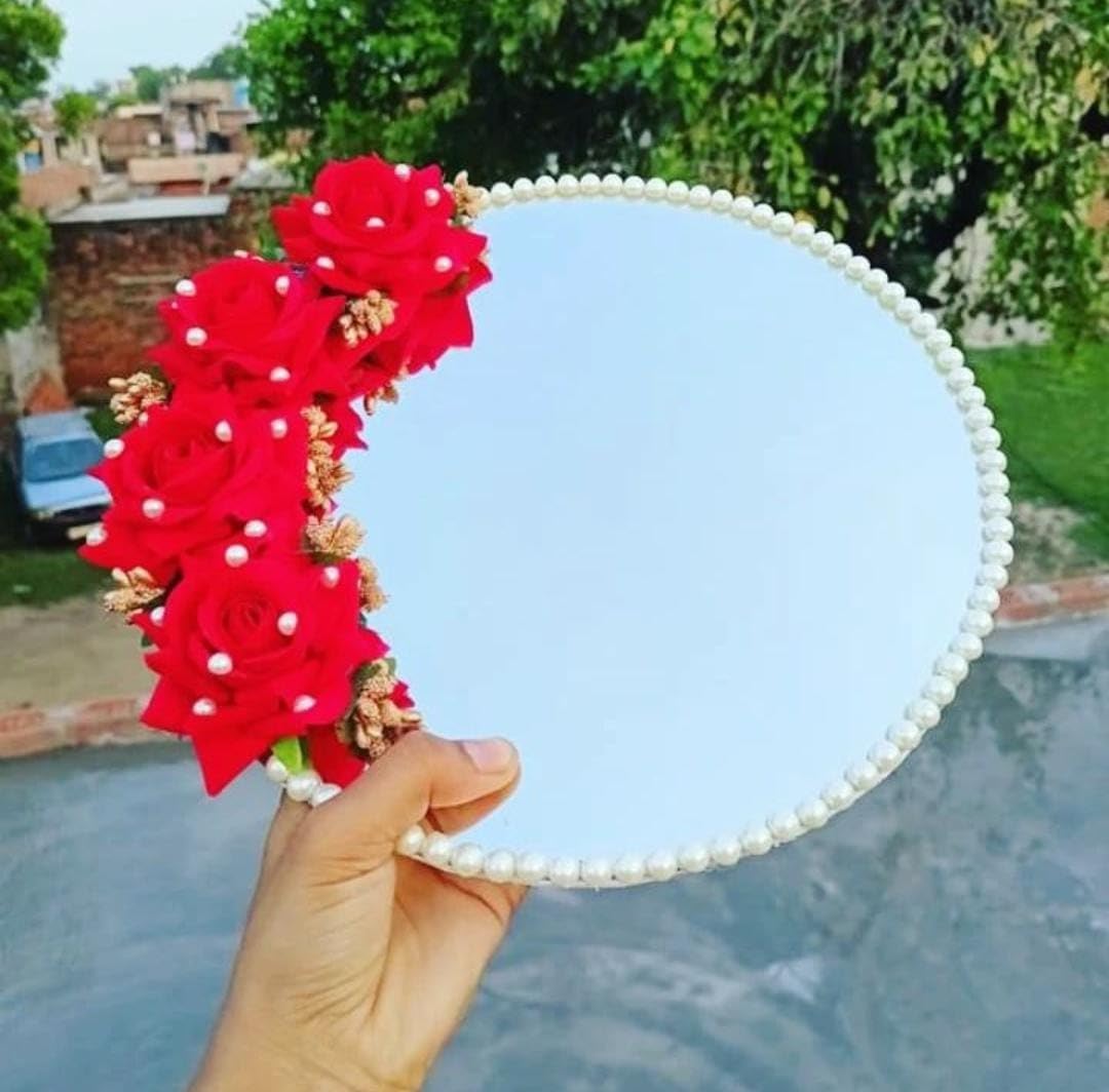 4 YOU Stock Holderz Round Nikah Mirror with Crafted for Bride and Groom, Qubool Hai Pen, Decorative Wedding Gift (Red Rose)