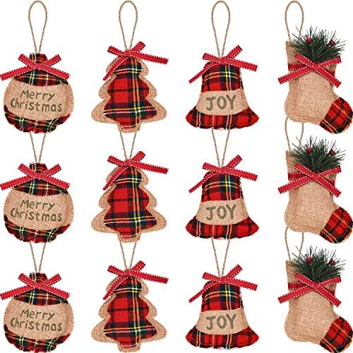 Rustic Christmas Burlap Tree Ornaments Farmhouse Christmas Decorations Red Black Buffalo Plaid Christmas Stocking Tree Ball Shaped Hanging Decoration for Holiday Xmas Party (12 Pieces)