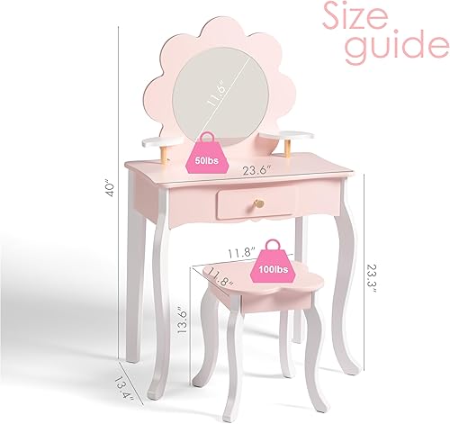Miniatura 9 de Spirich Vanidad para niños, juego de tocador para niñas con espejo, taburete y luces, juego de mesa y silla para niños, tocador de madera de