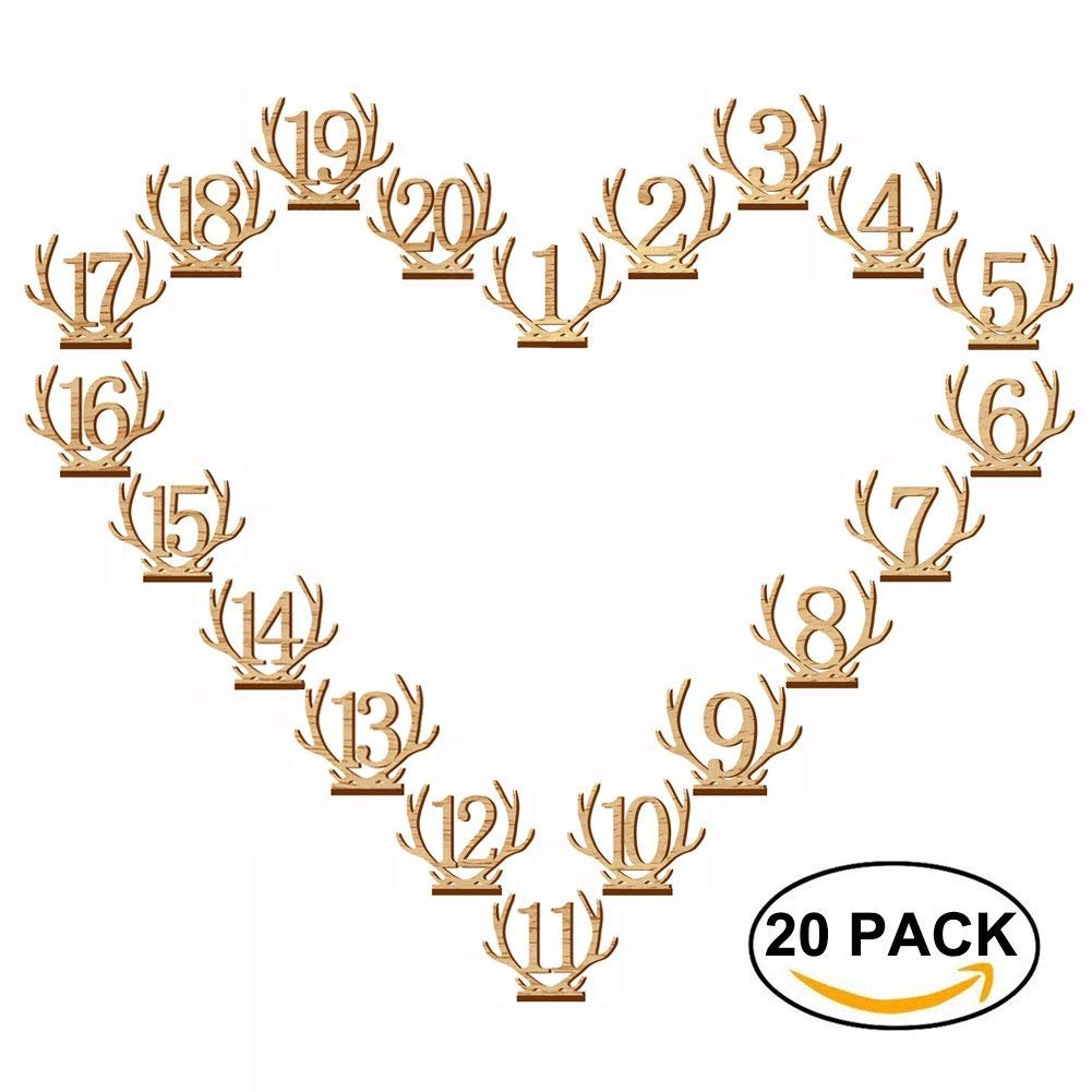 Antler Wedding Table Number Set, DesignerBox 1-20 Animal Antler Shape Deer Horn Wooden Table Numbers with Holder Base for Reception Stands Décor for Wedding Events Birthday Party (1-20 Pack)
