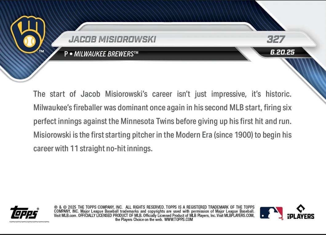 2025 Topps Now Jacob Misiorowski #327 1st Starting Pitcher Since 1900 to Start Career with 11 No Hit Innings Milwaukee Brewers Rookie RC Baseball Card