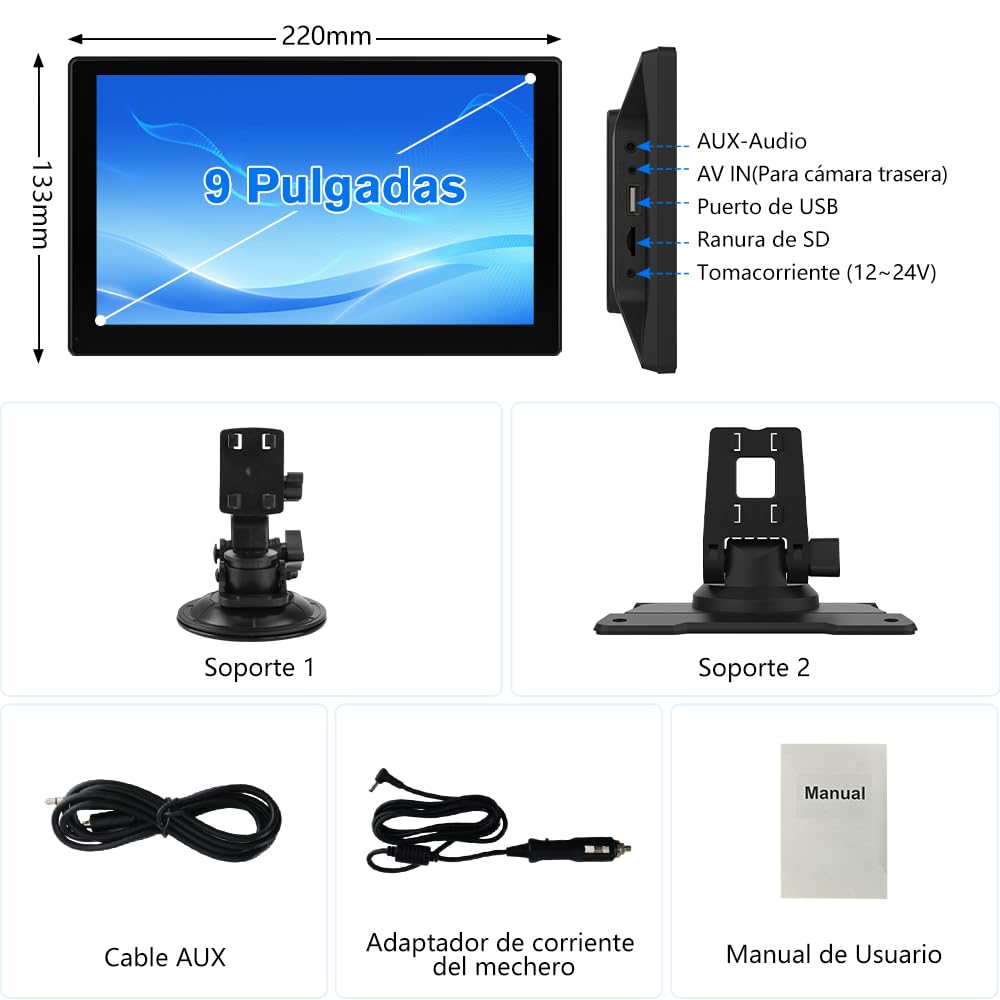 Pantalla Carplay para Coche con CarPlay/Android Auto Inalámbrico, Pantalla Táctil de 9 Pulgadas Portátil, Admite Bluetooth/Mirror Link/Control por Voz/USB/TF/AUX, Negra