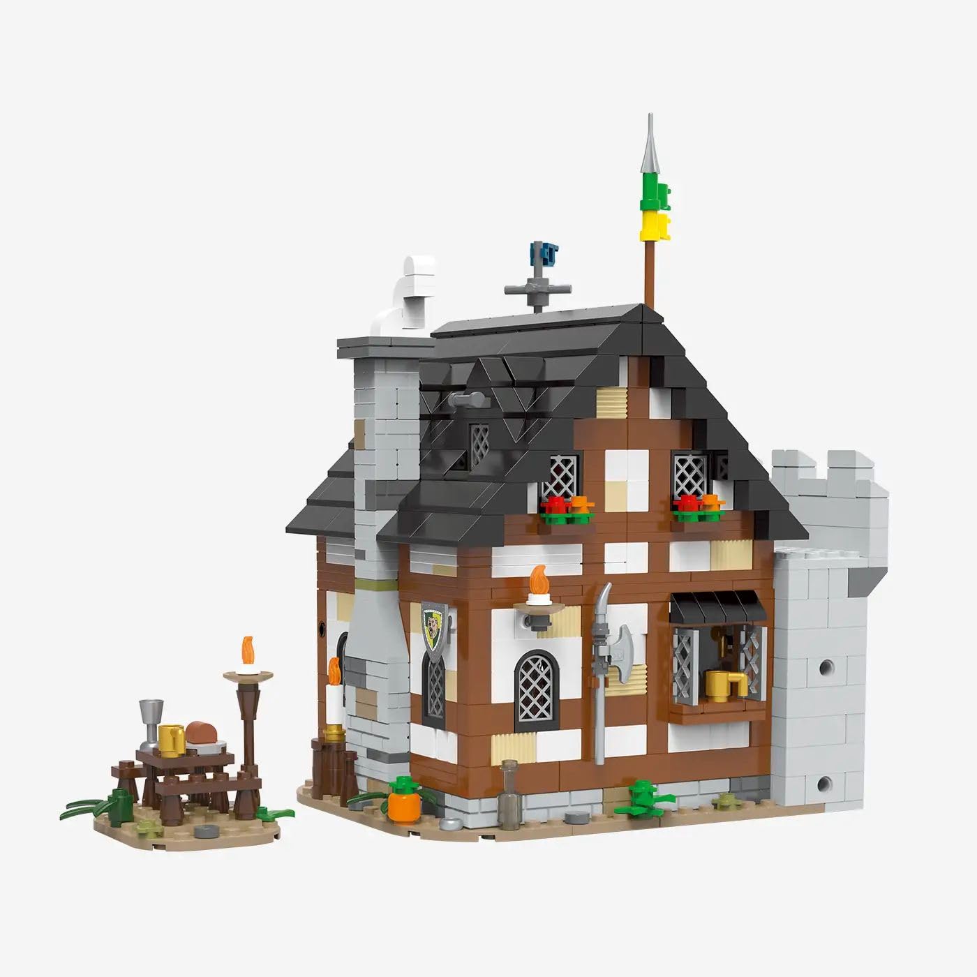 BlueBrixx Burg Bärenfels Gasthaus, 1001 Klemmbausteine, Wirtshaus, Taverne | Schankraum mit Zapfanlage, Vorratsregale, abnehmbares Dach, Fachwerkfassade, Handkarren, 150 x 185 x 224 mm, 109643