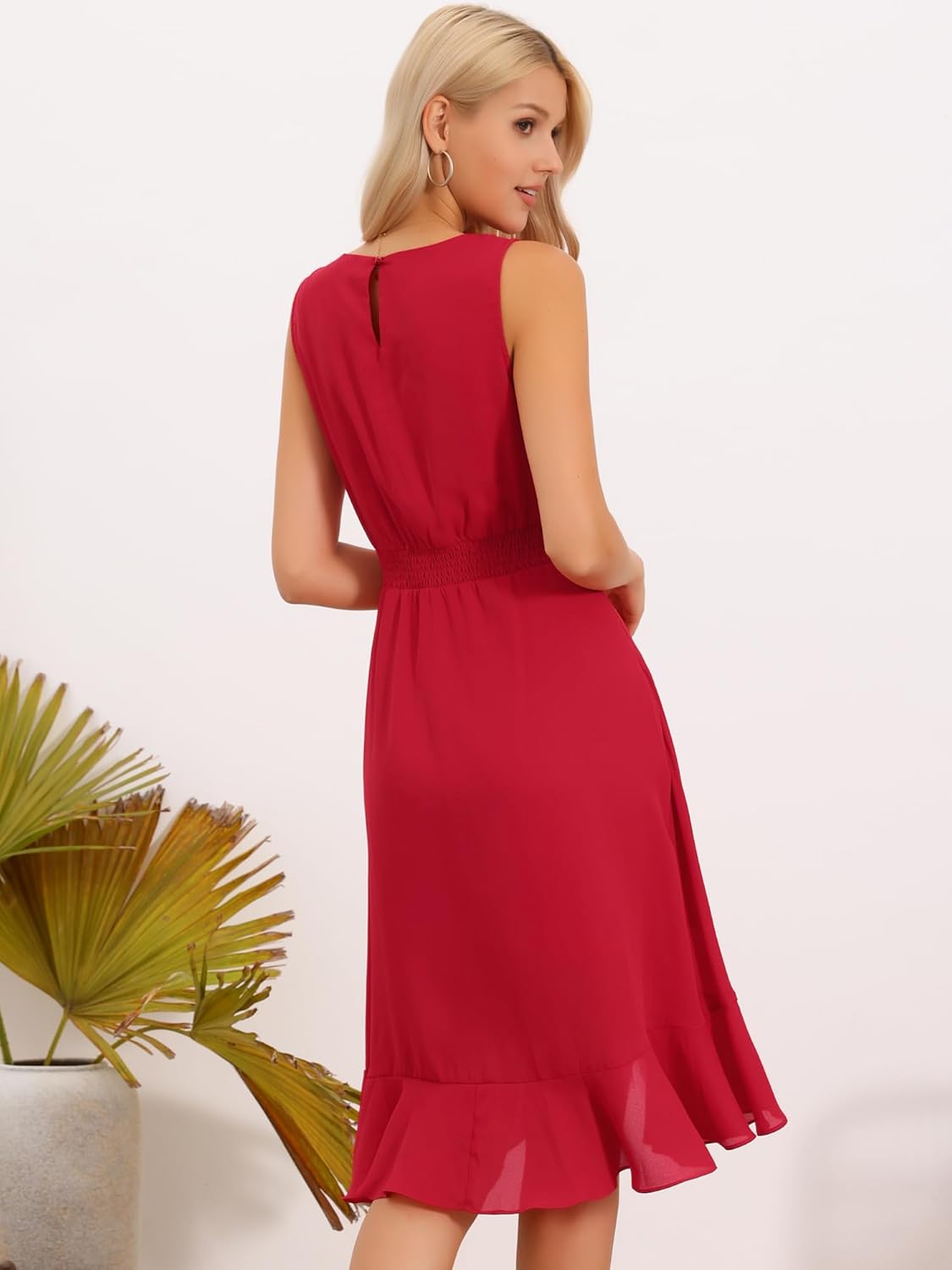 Allegra K Women's Summer Dresses 2025 Wrap Ruffle High Low Hem Round Neck Keyhole Back Sleeveless Floral Dress - Image 4