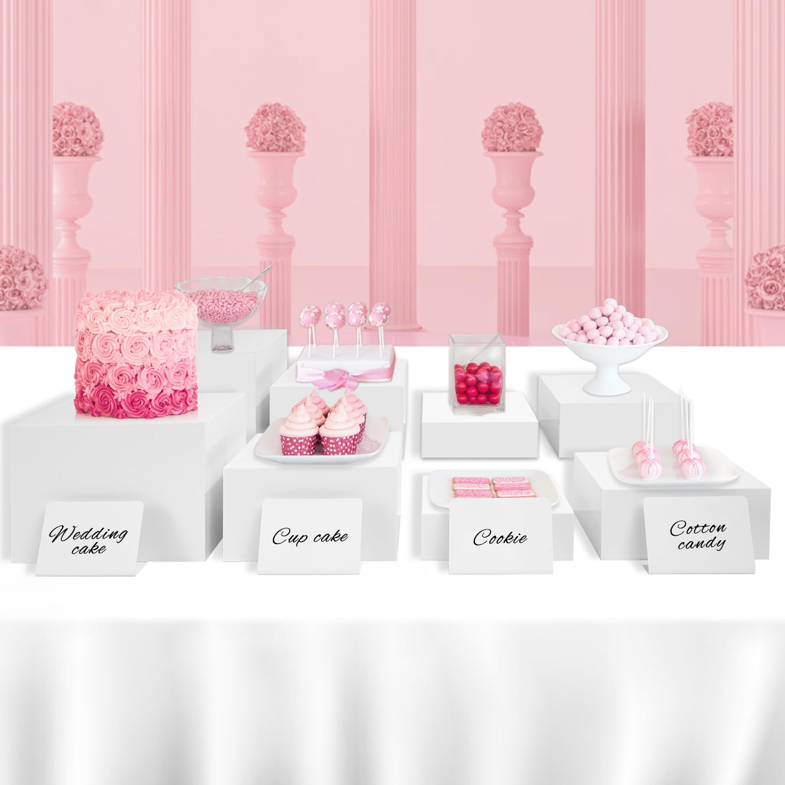 Lot de 8 rehausseurs de buffet en acrylique avec mini panneaux de buffet - Présentoir de table - Différentes tailles - Présentoir alimentaire pour figurines de collection