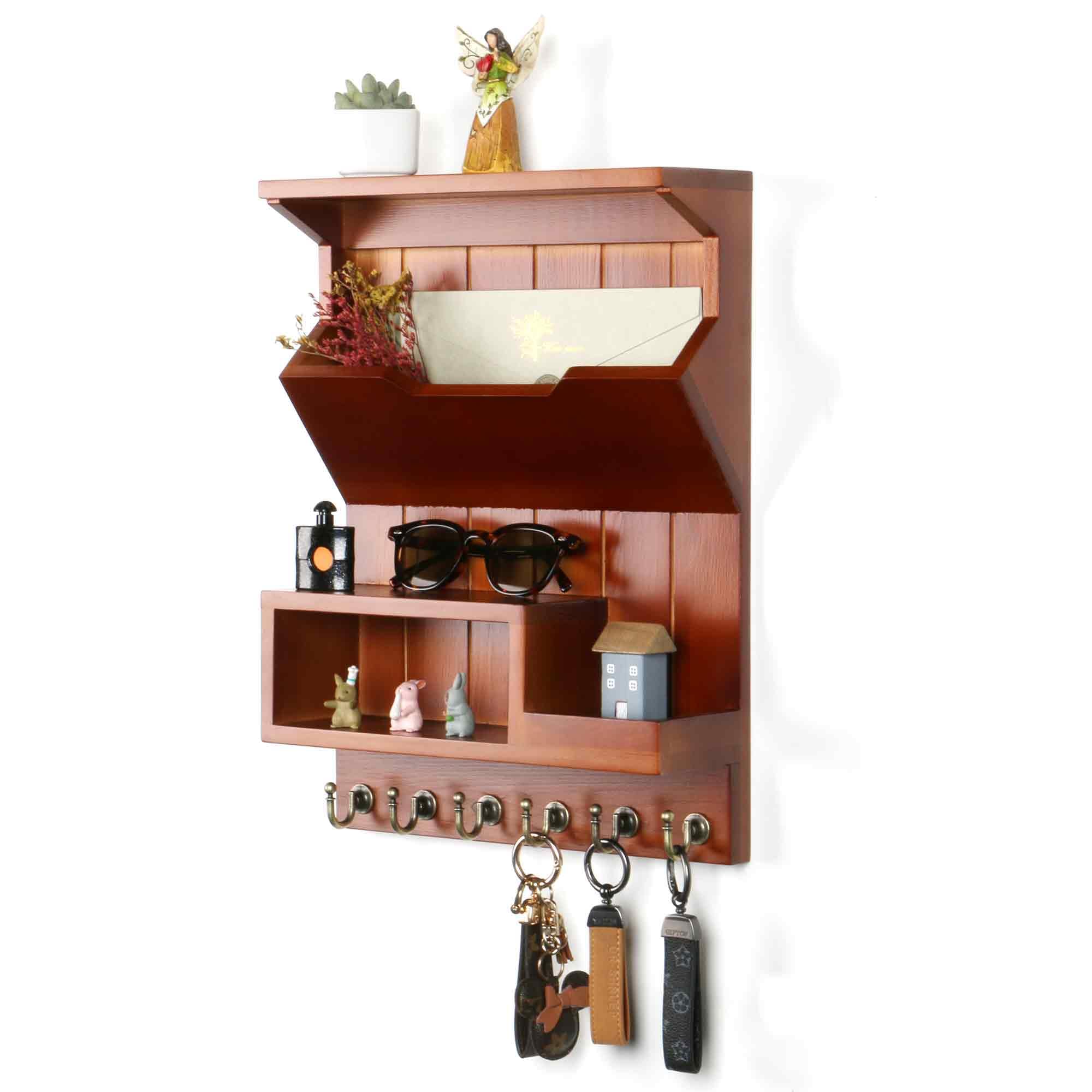 HEKFL Key Holder for Wall, Mail Organizer Wall Mounted, Mail and Key Holder with 6 Key Hooks for Home Decor, Pine Wood Auburn