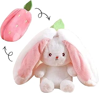 Mukorolee Bunny Plush Doll Toy Pillow, Reversible Carrot Strawberry Bunny Stuffed Animal with Zipper, Cute Rabbit Decoration for Kids & Adult Birthday Party Gift (1pcs 7" Strawberry)