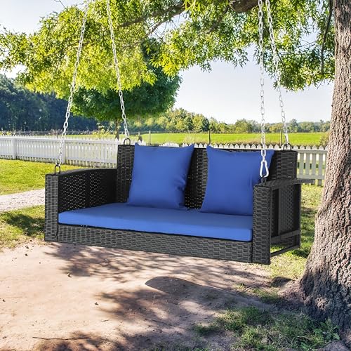 Image of Patio Outdoor Double Seater Swing Chair Without Stand for Balcony, Garden | Weather Resistant Rattan & Wicker Hammock Jhula for Adults | Outdoor Sofa Swing (Black and Blue)