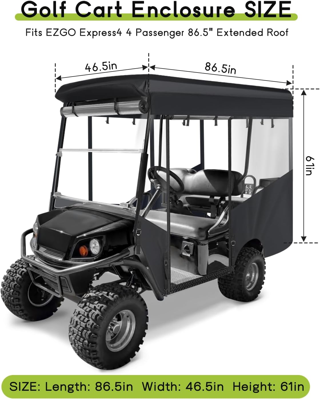 Golf Cart Enclosure 4 Passenger for Express 4 Seater Extended Roof 600D Waterproof Transparent Driving Rain Cover with 4-Sided Clear Windows Roll-up Door Black