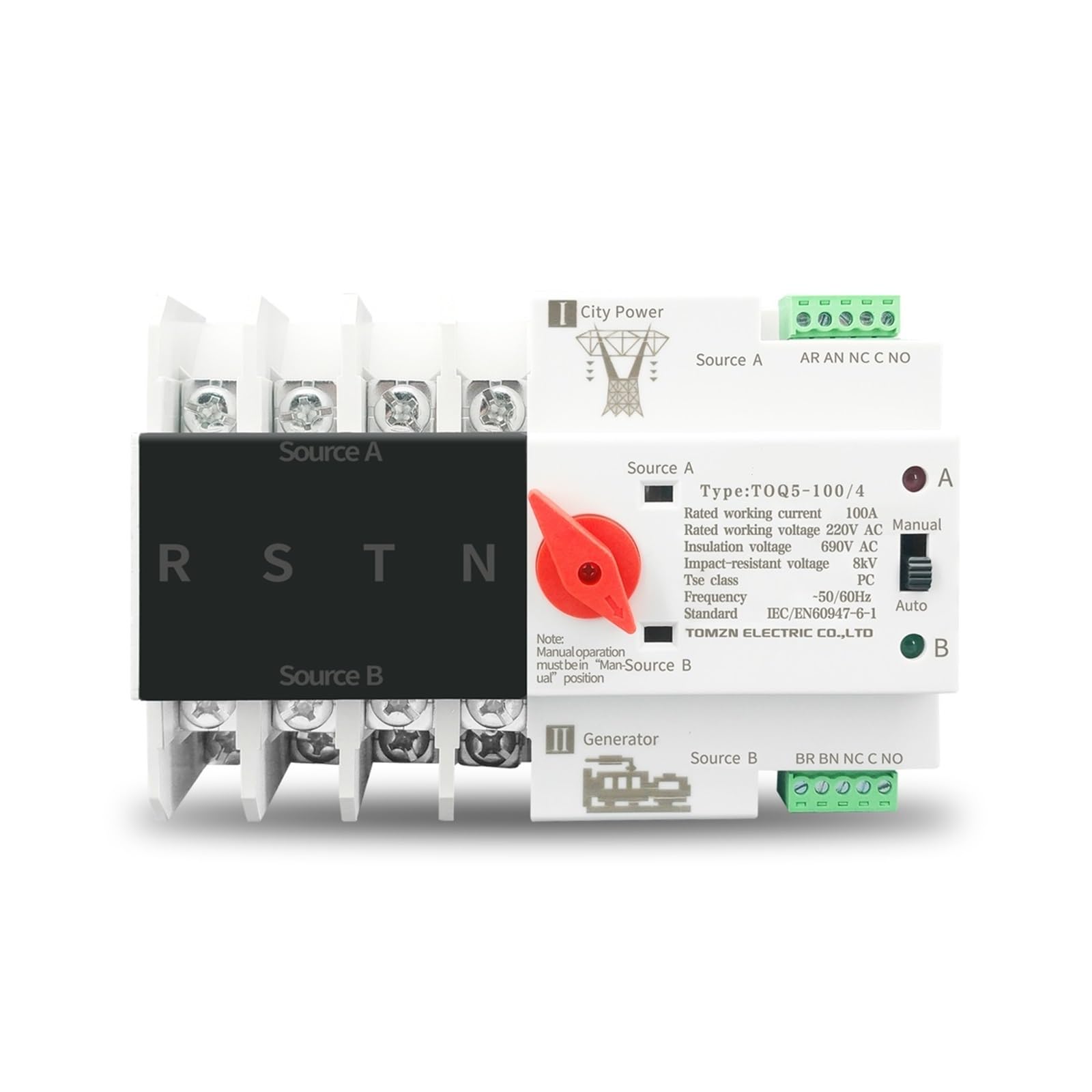 RWRAPS ATS Dual Power Automatic Transfer Switch, showing various pole configurations (2P, 3P, 4P) and current ratings (63A, 100A, 125A).