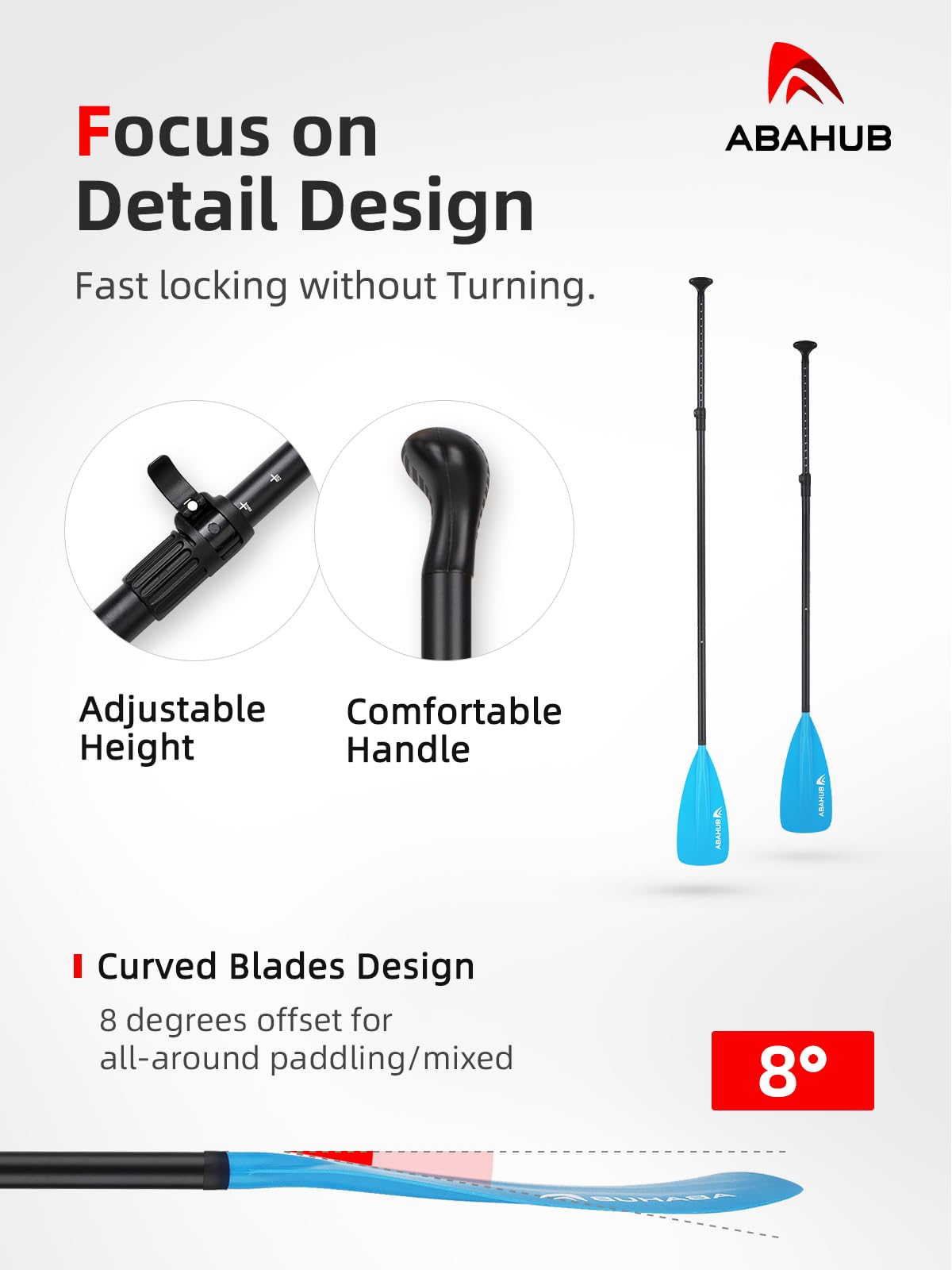 Abahub SUP Paddle - Pala de remo ajustable de aluminio para paddleboard, aleación de aluminio, mango recubierto de poliuretano, 172-213 cm, hoja de plástico y nailon