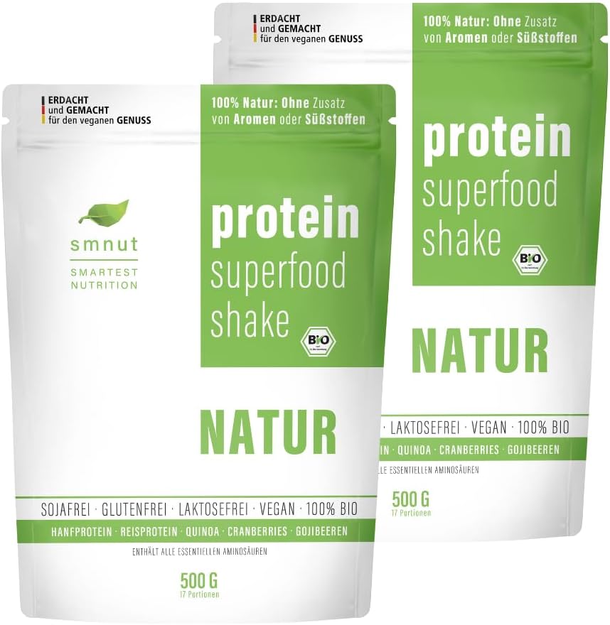Smnut Protein Superfood Shake Nature | Biologisch veganistisch premium proteïnepoeder | 100% natuur: zonder toevoeging van aroma’s en zoetstoffen | lactose- en glutenvrij | 1000 g