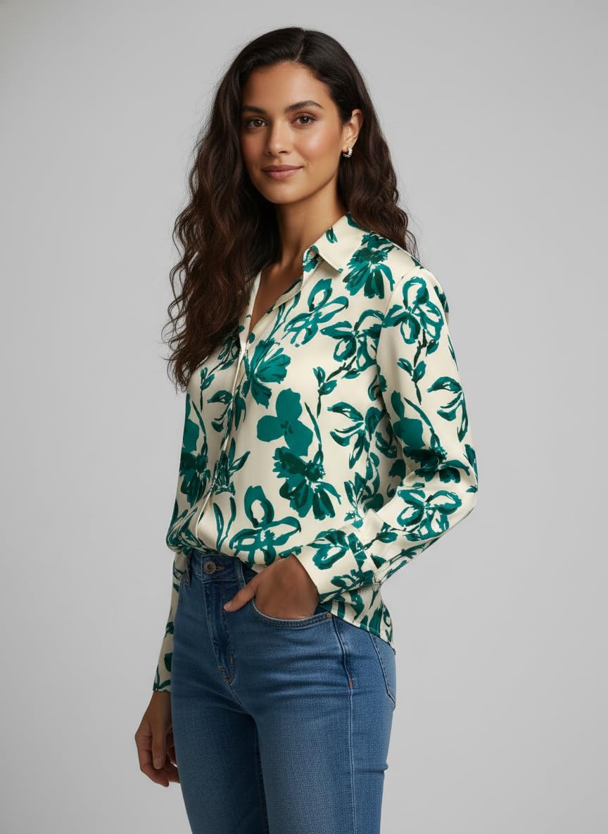 ANNI Designer Bedrucktes Hemd aus Baumwollmischung für Damen, langärmelig, normale Passform, Hemdkragen, lässig, Bürokleidung, stilvolle Westernkleidung für den Alltag, Hochzeit, Party