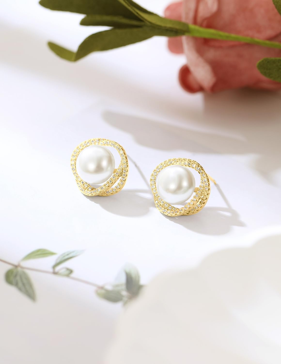 14K Gold Plated Shell Pearl Rhinestone Stud Earrings for Women Jewelry - Image 4
