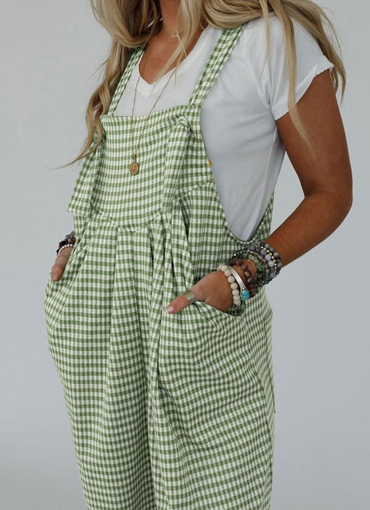 chouyatou Women's Sleeveless Plaid Wide Leg Bib Overall Casual Loose Gingham Jumpsuits with Pockets