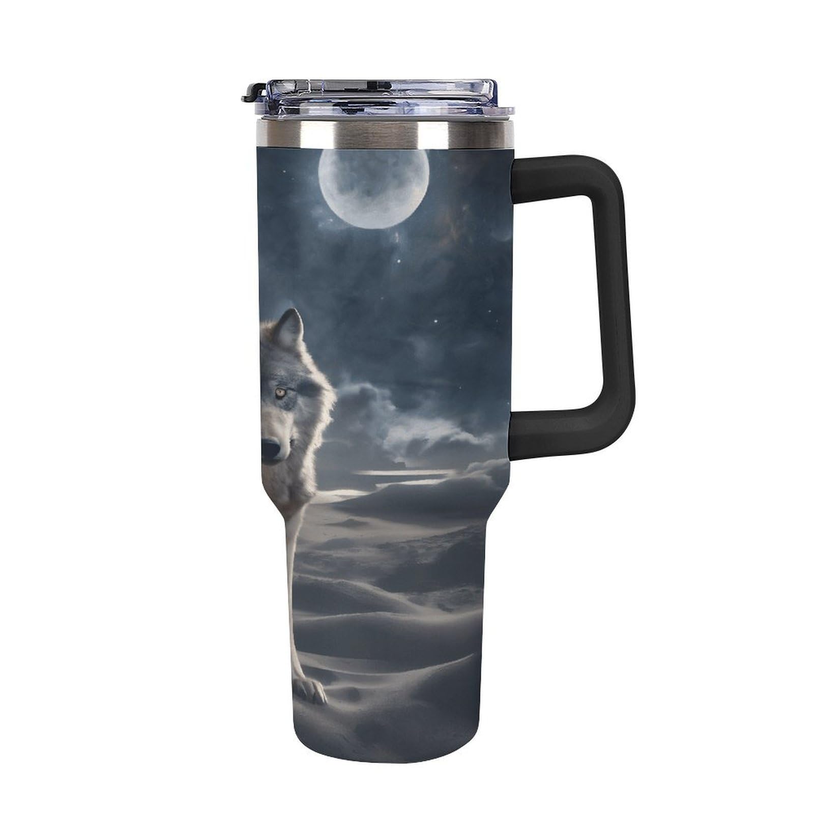 Quteprint 40oz Insulated Stainless Steel Tumbler with Handle, Wolf Moon Night Leakproof Water Bottles Travel Mug with Lid And Straw for Water, Iced