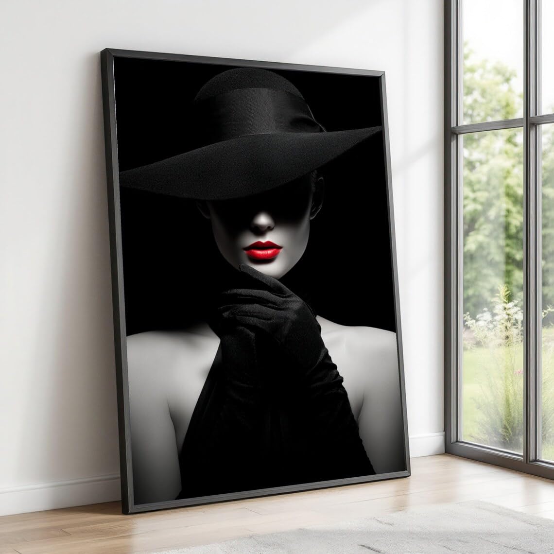 XINBAO Woman in Black Hat and Gloves Pictures Canvas Wall Art, Red Lips Portrait, Photography Print, Home Decoration Painting(60x80cm/Frameless)