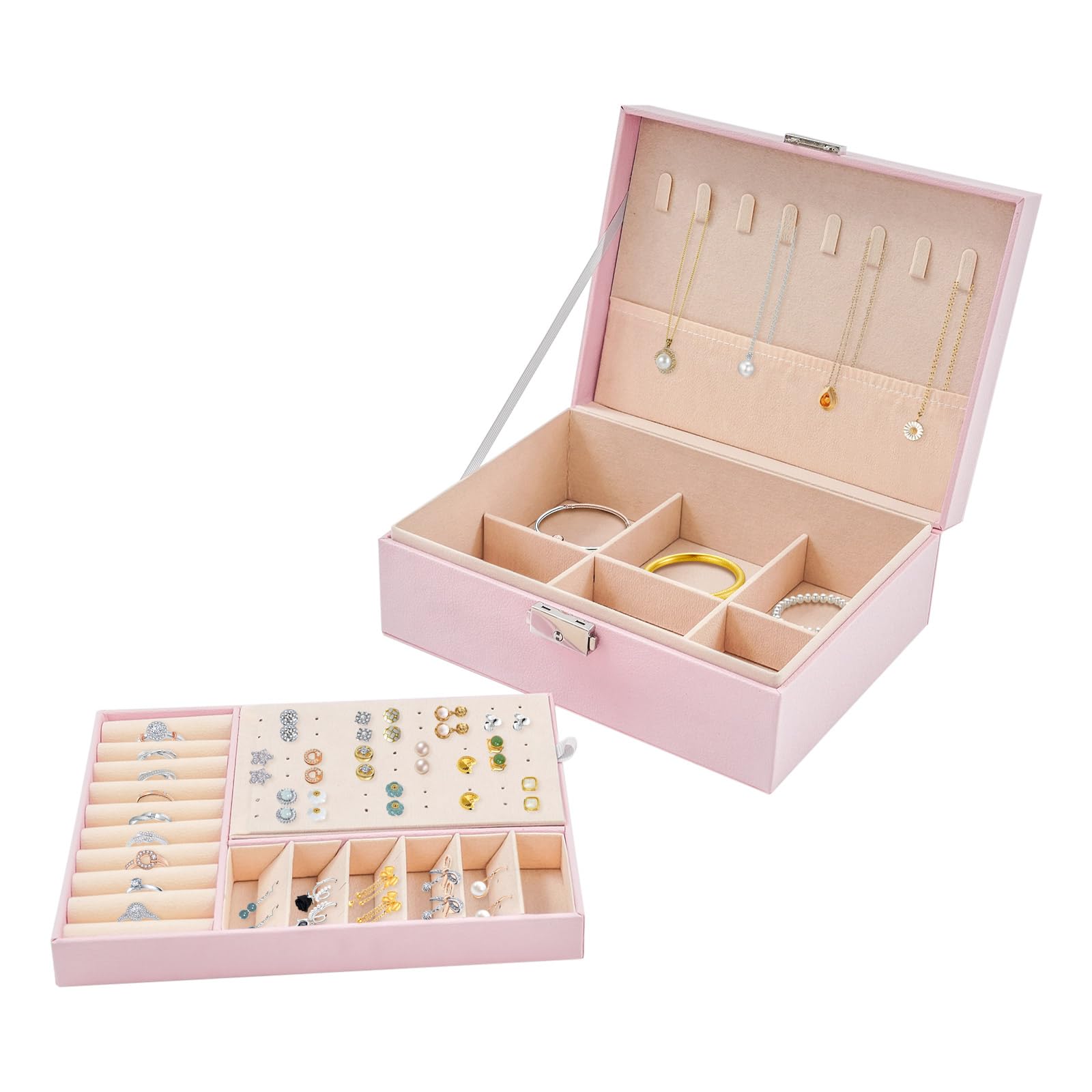 Boîte à bijoux en cuir synthétique rose de haute qualité avec fermeture à clé